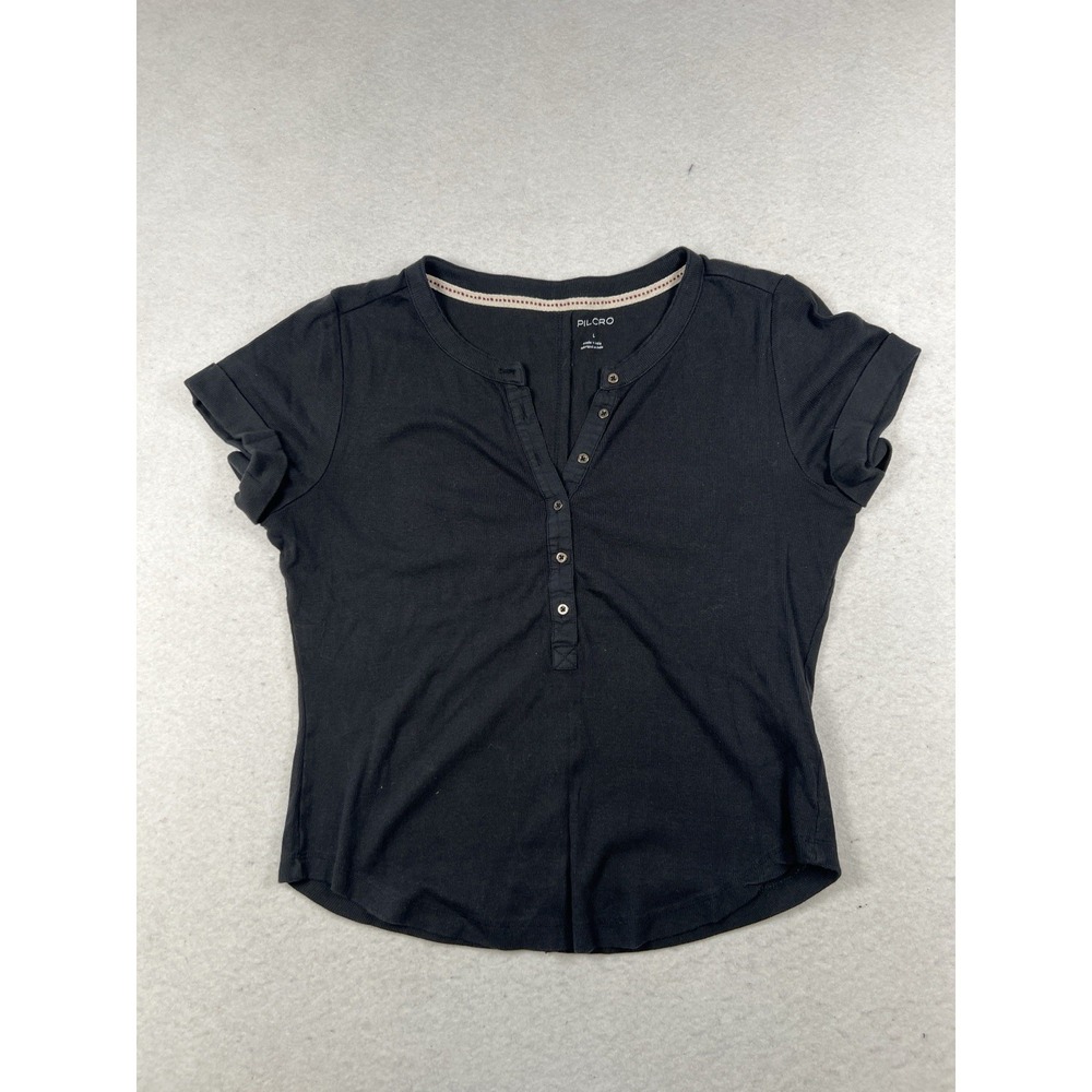 Pilcro Anthropologie Women Black Basic‎ Henley T-Shirt Short Sleeve Size L